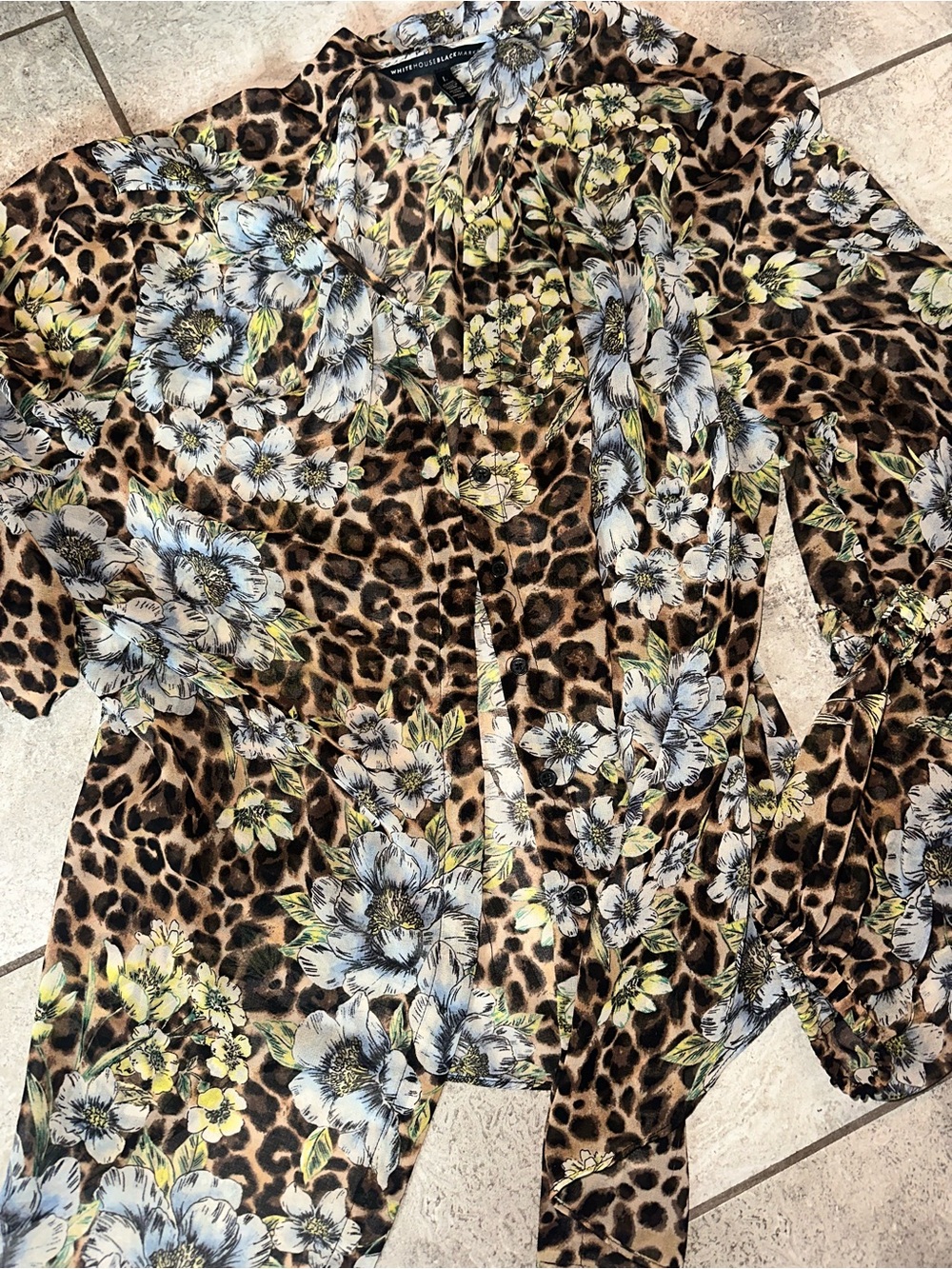 WHBM Floral Sheer Leopard Print Blouse Large Brown Blue - Picture 5 of 6